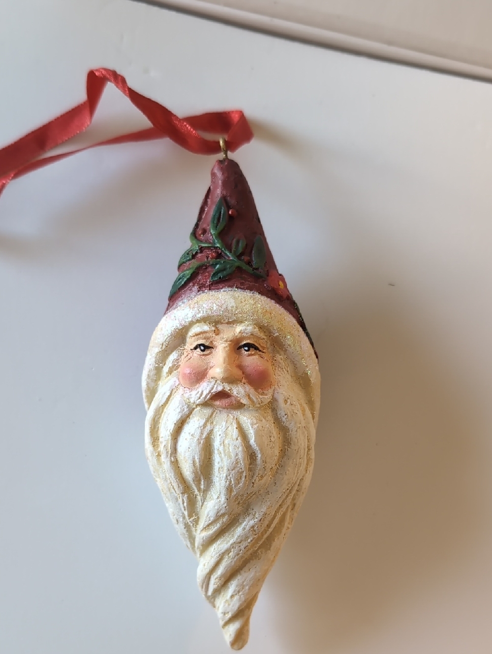 Hand-Painted Resin Santa Face Ornament - Red Hat